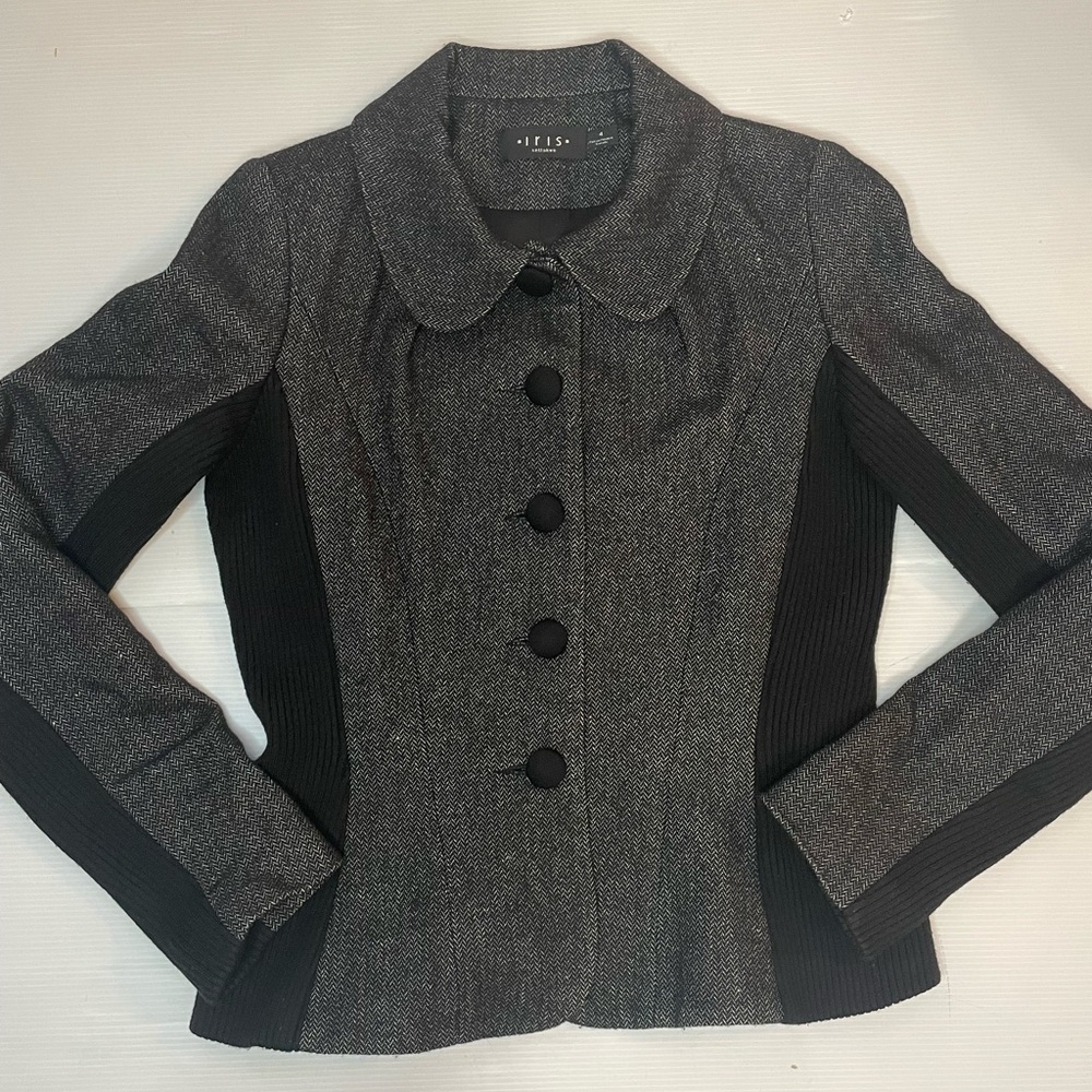 Iris Setlakwe Black Gray Herringbone Round Collar Blazer Stretch Side Panels 4